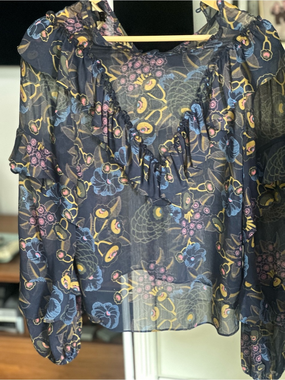 Ted Baker Navy Sheer Floral Ruffle Blouse